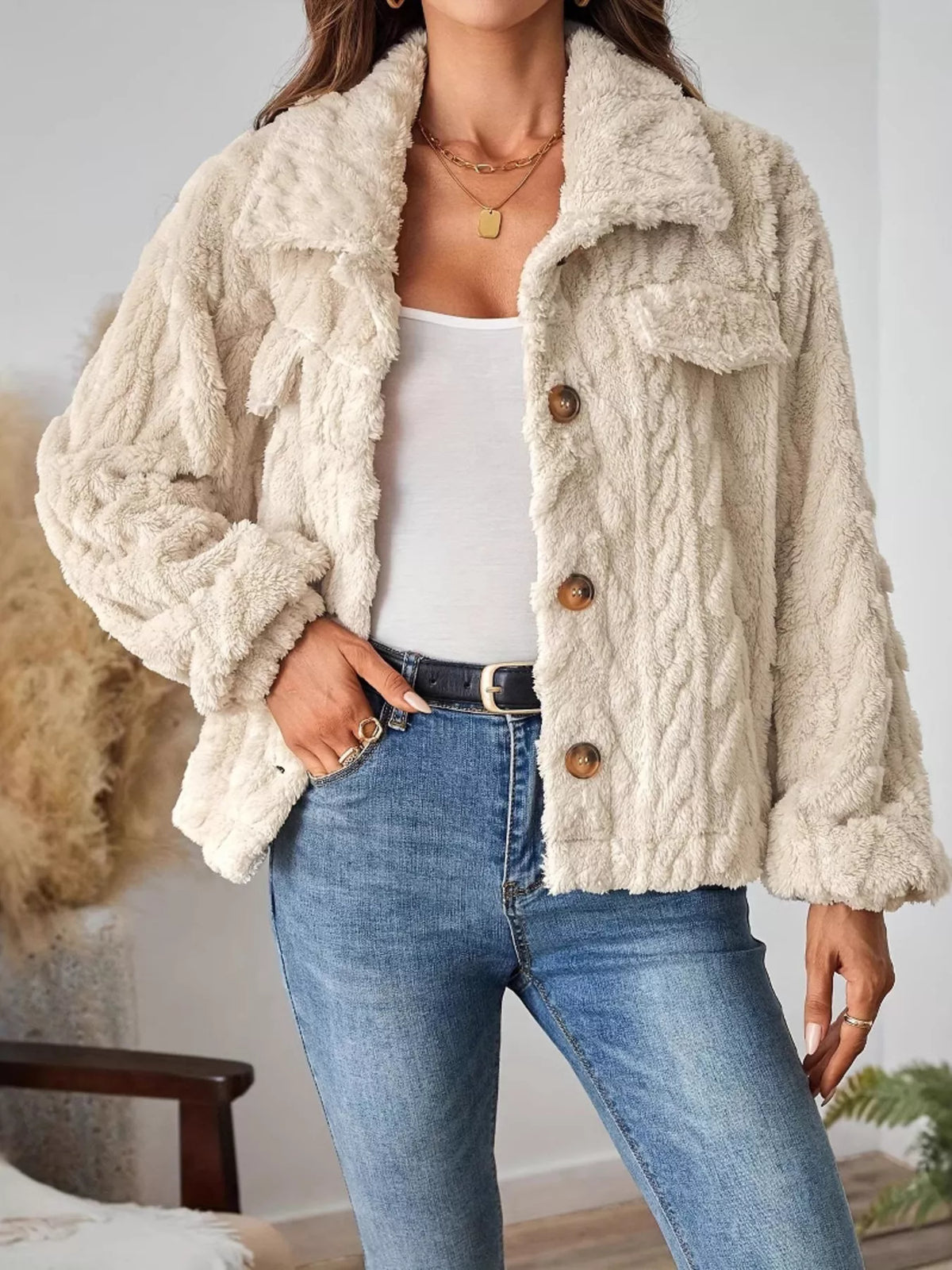 Cozy Textured Fleece Button-Up Outerwear in Cream, view 2