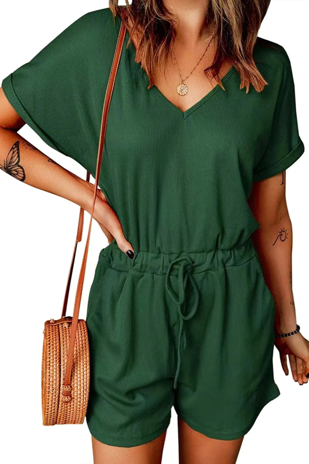 Full Size Drawstring V-Neck Short Sleeve Romper - Lilixa.store