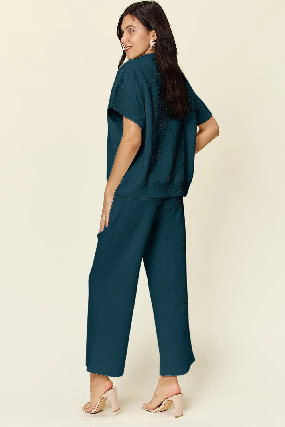 Double Take Full Size Texture Half Zip Short Sleeve Top and Pants Set, view 21