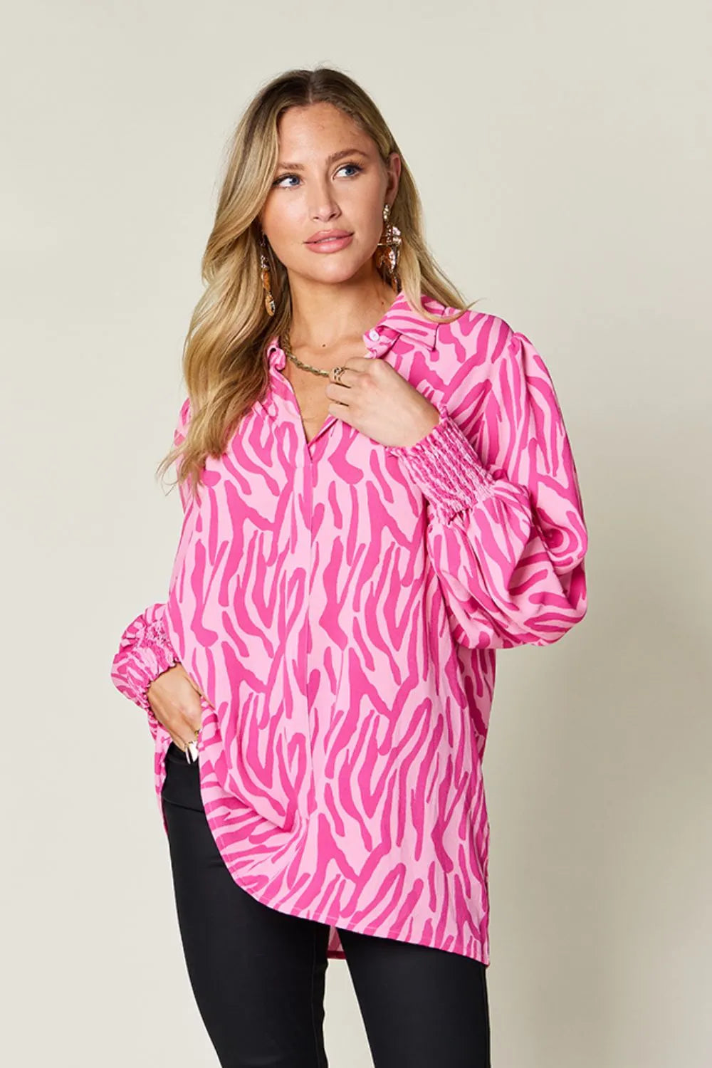 Double Take Full Size Printed Smocked Long Sleeve Blouse Plus Size - Lilixa.store