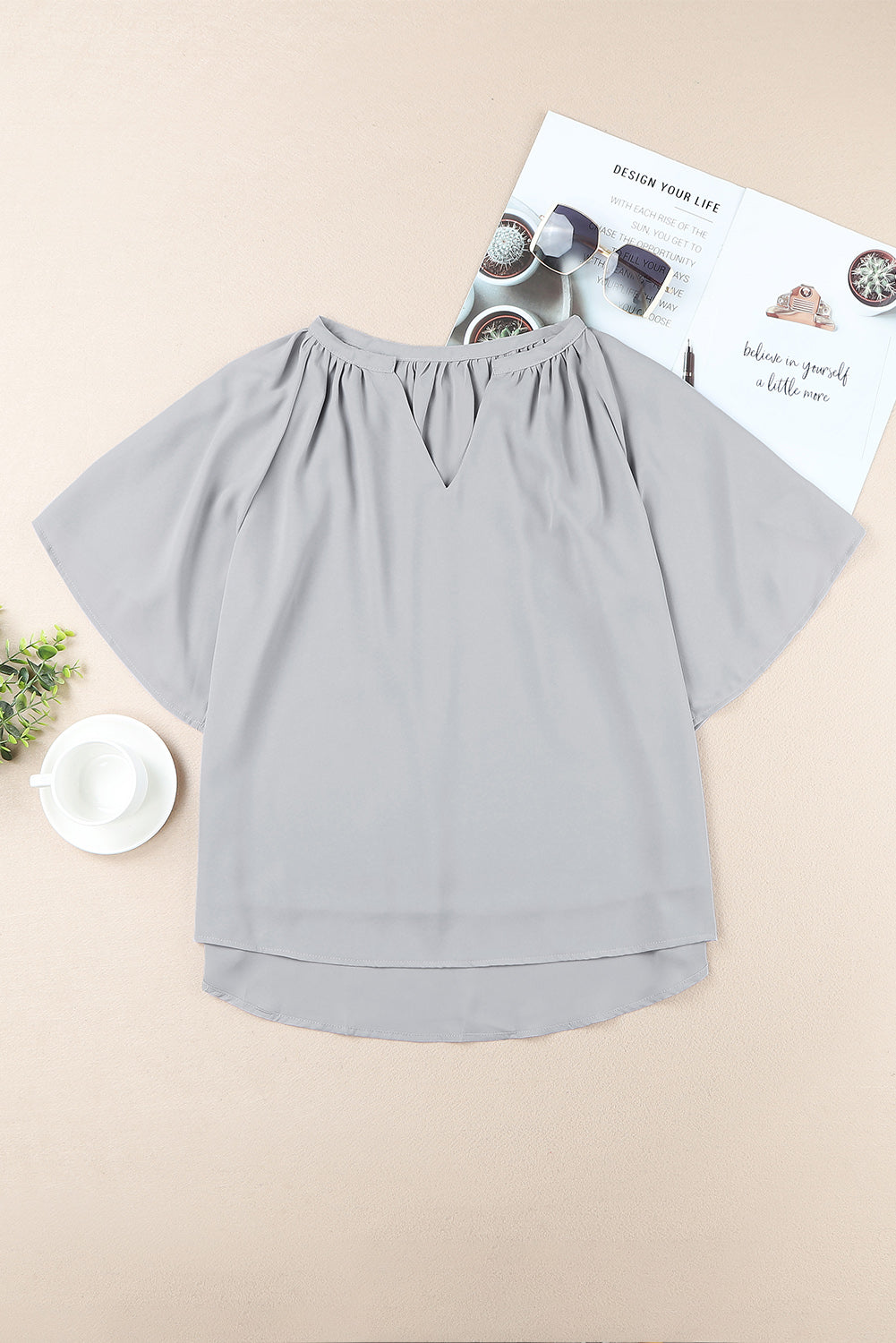 Gathered Detail Notched Neck Flutter Sleeve Top - Lilixa.store