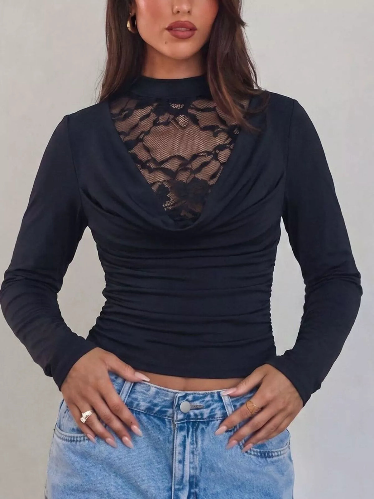 Lace Mock Neck Long Sleeve T-Shirt in Black, view 3