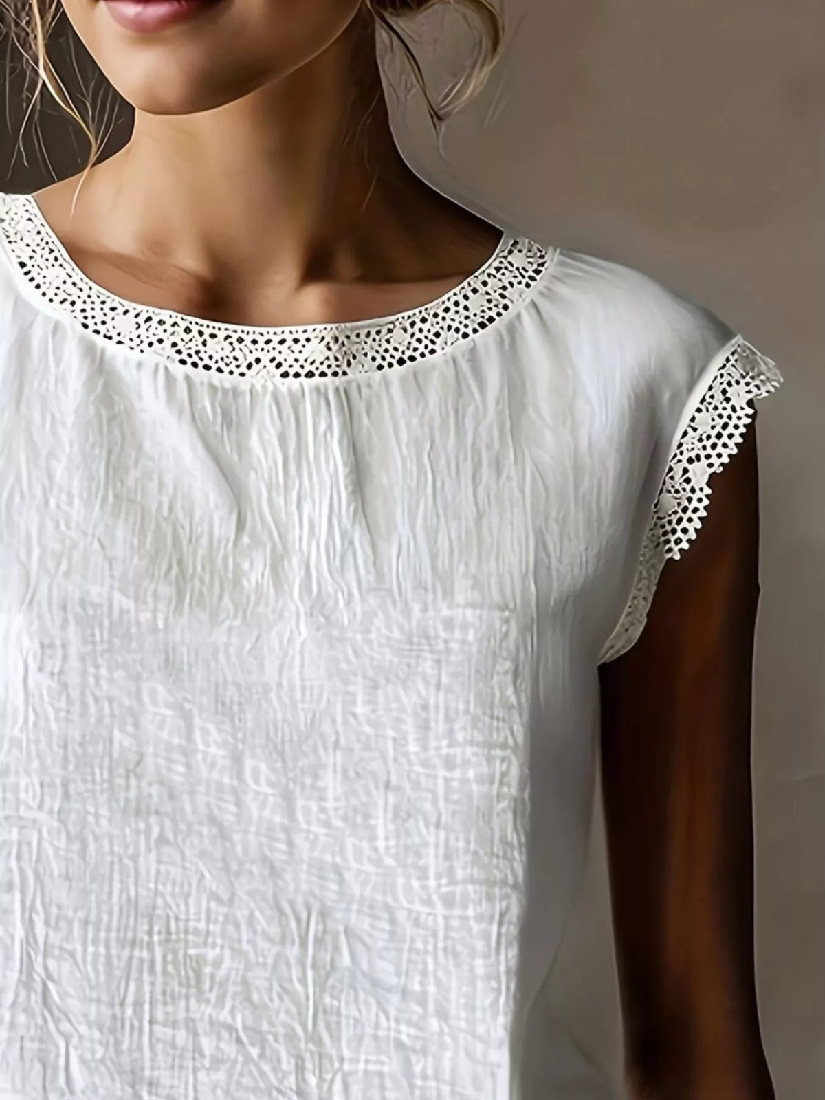 Lace Trim Round Neck Sleeveless Blouse - Lilixa.store
