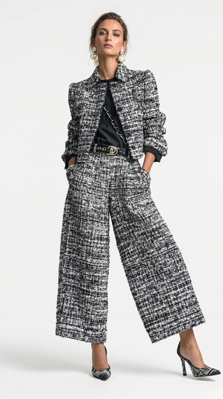 Tweed Cropped Jacket and Wide-Leg Pants Set in Black