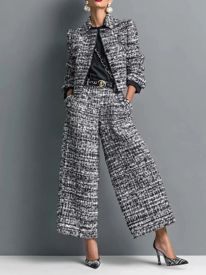 Tweed Cropped Jacket and Wide-Leg Pants Set in Black