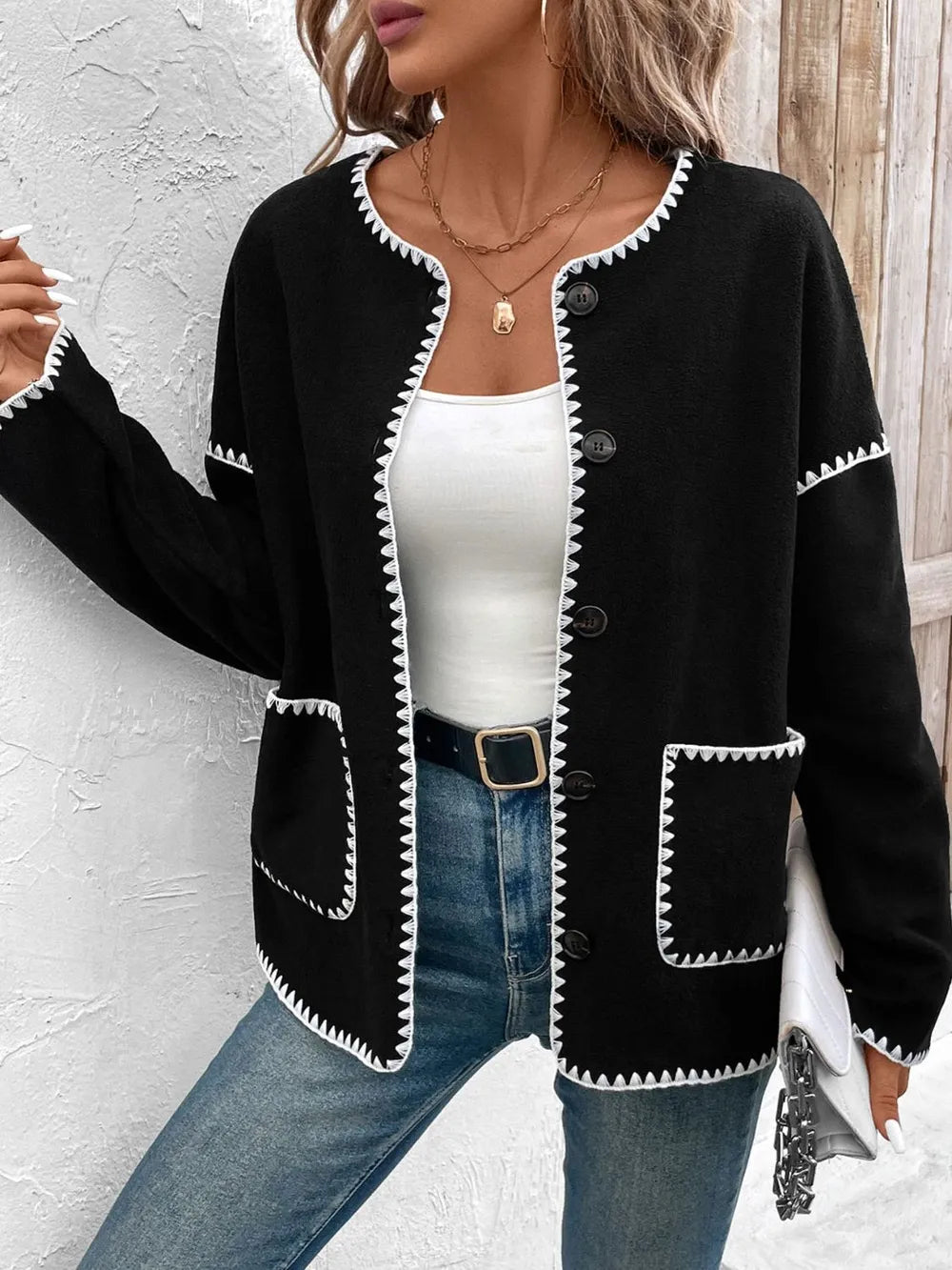 Perfee Pocketed Contrast Button Up Jacket in Black, view 3