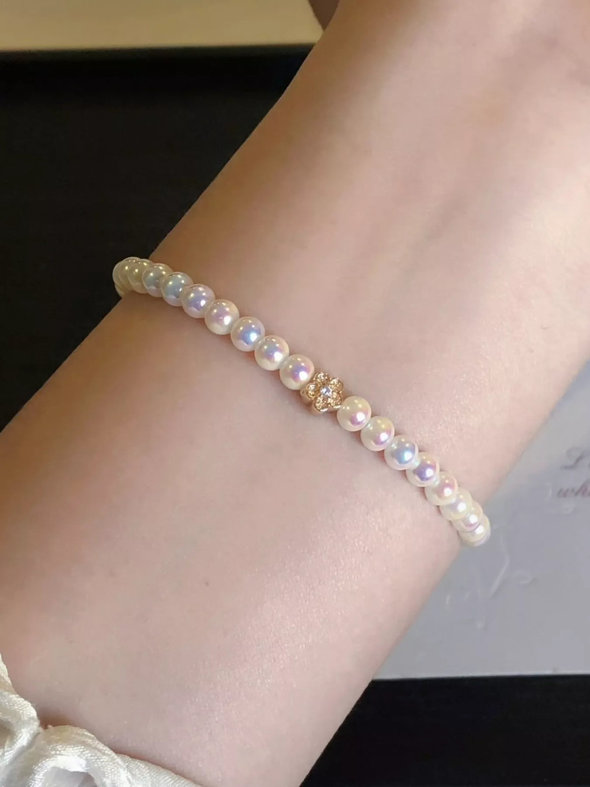Pearl Bracelet with Floral Accent in White, view 2