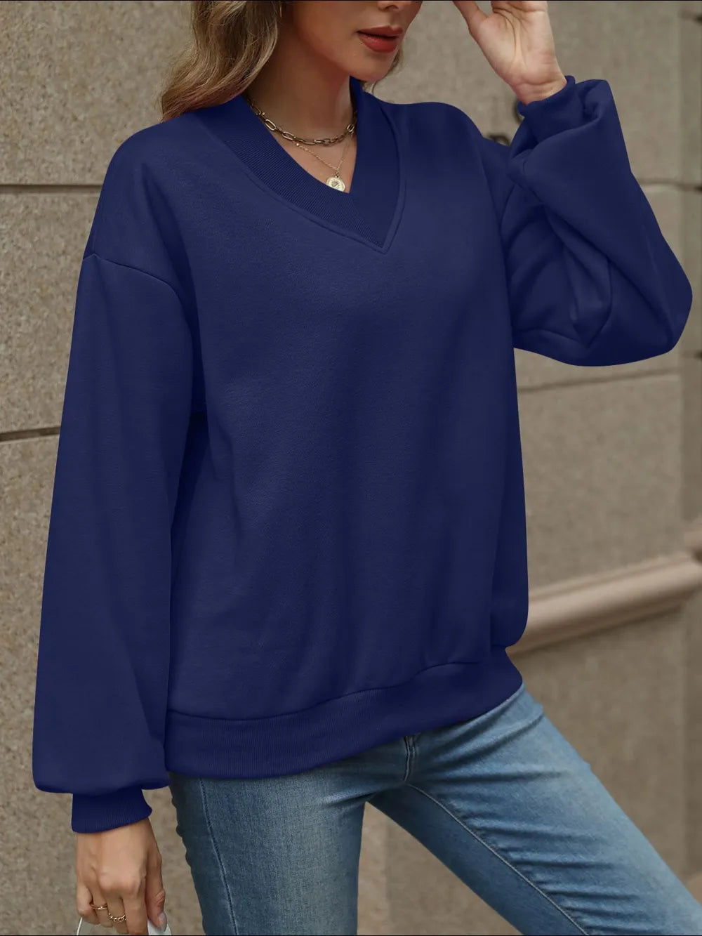 V-Neck Long Sleeve Dropped Shoulder Sweatshirt - Lilixa.store