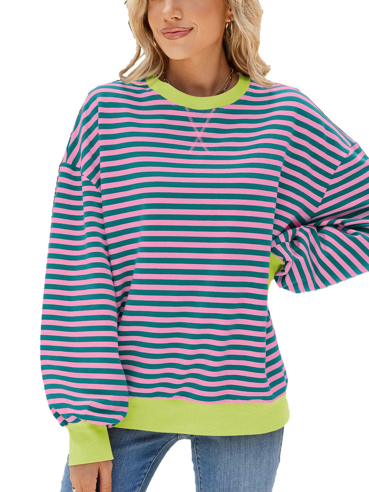 Striped Crew Neck Long Sleeve Sweatshirt - Lilixa.store