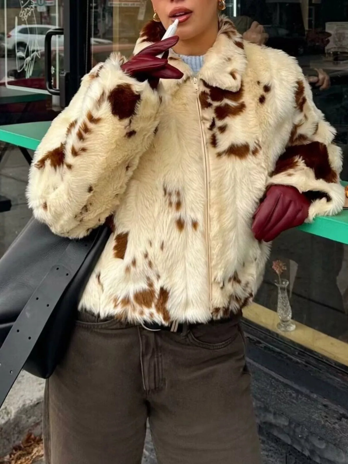 Faux Fur Zip Up Cropped Outerwear in Beige, view 2