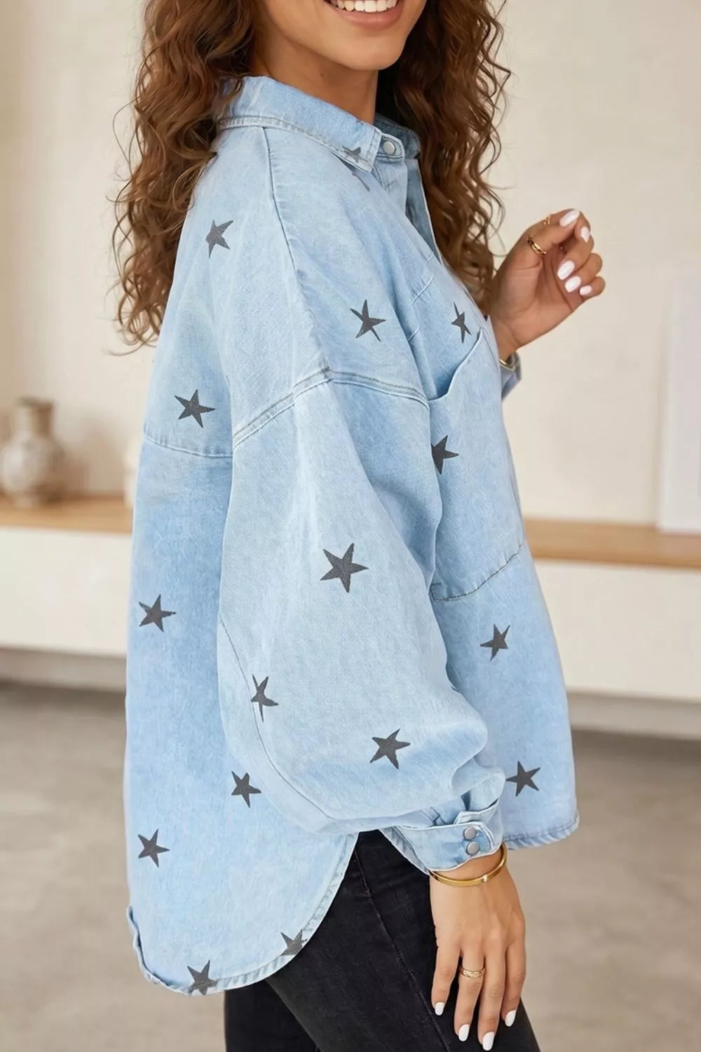 Light Wash Star Print Denim Jacket in Light Blue, view 2
