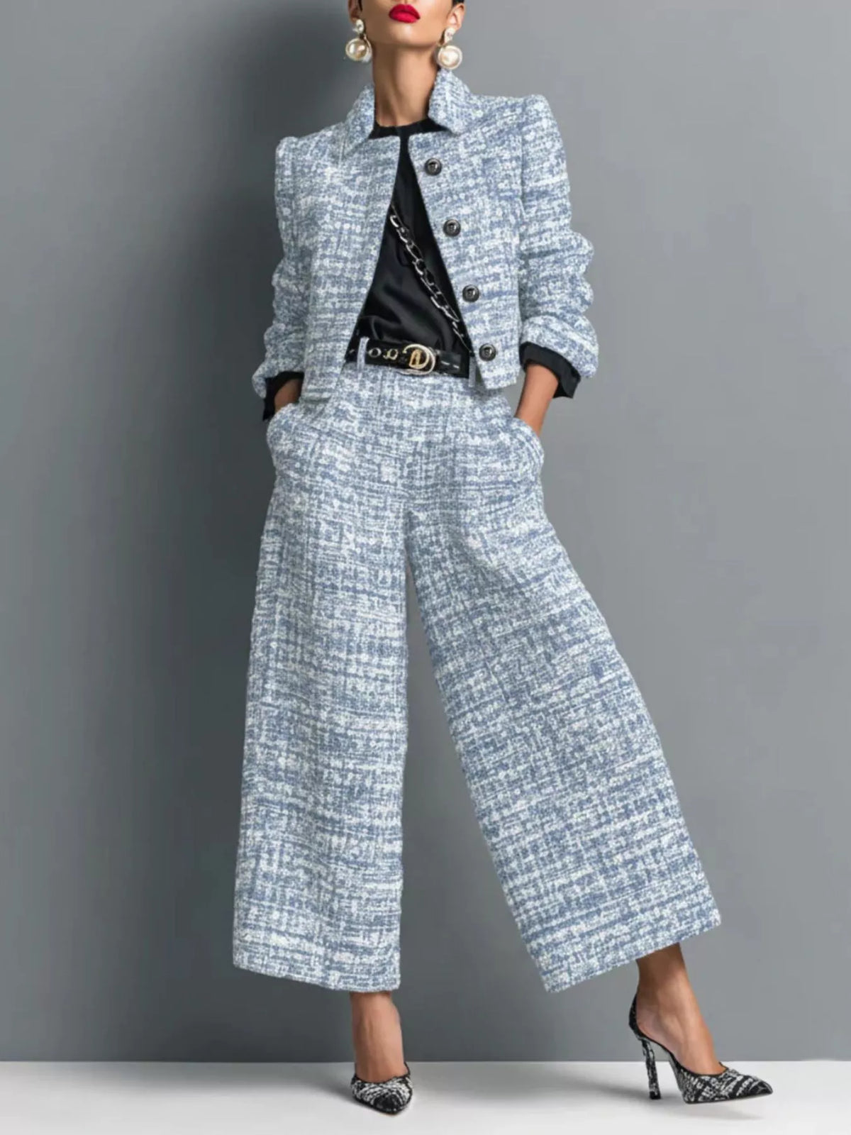 Tweed Cropped Jacket and Wide-Leg Pants Set in Light Blue