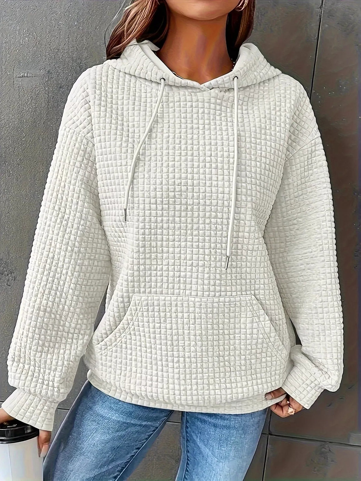 Textured Knit Drawstring Hoodie - Lilixa.store