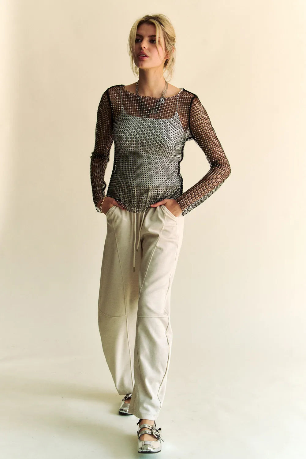 Davi & Dani Sparkling Rhinestone Sheer Mesh Round Neck Top - Lilixa.store
