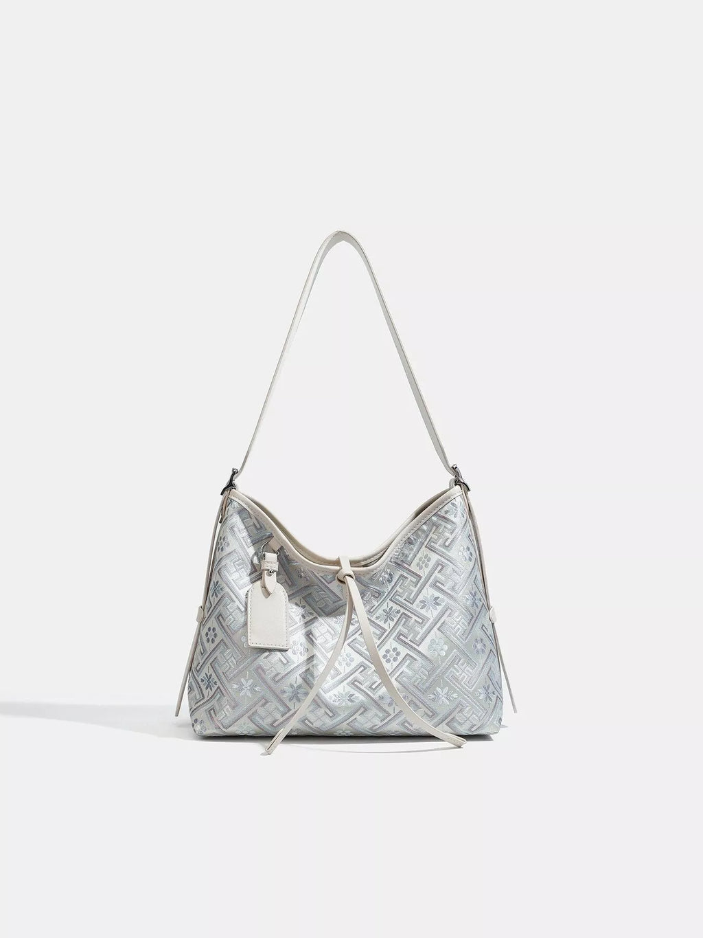 Geometric Pattern Jacquard Shoulder Bag with Adjustable Strap in Light Blue