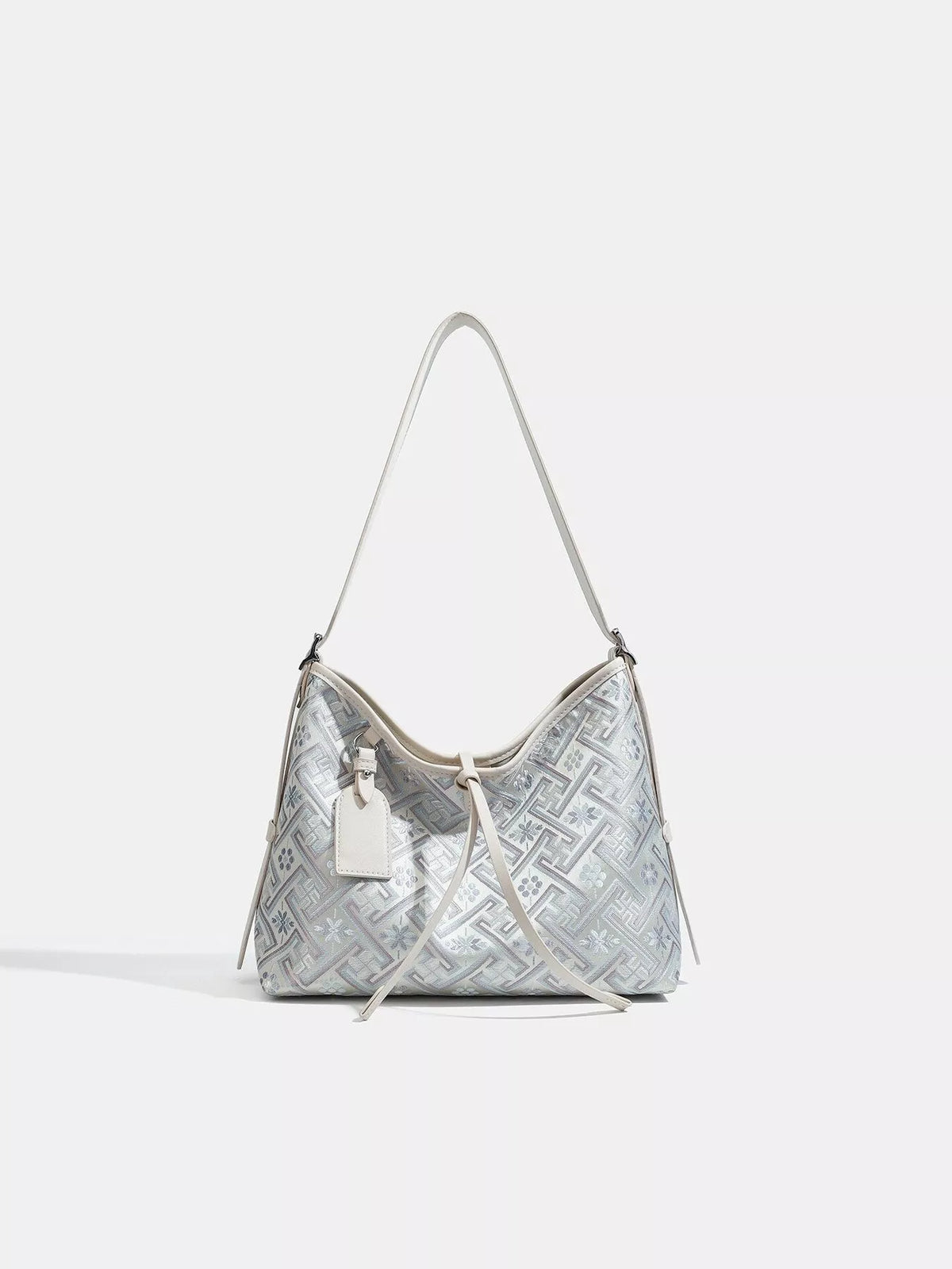 Geometric Pattern Jacquard Shoulder Bag with Adjustable Strap in Light Blue