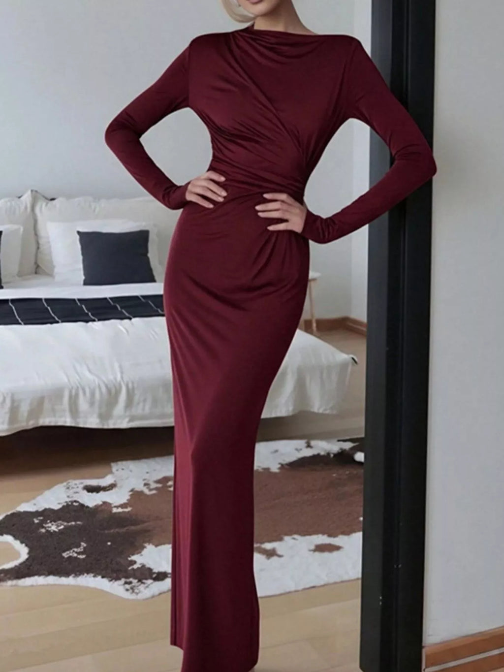 Ruched Long Sleeve Bodycon Maxi Dress - Lilixa.store