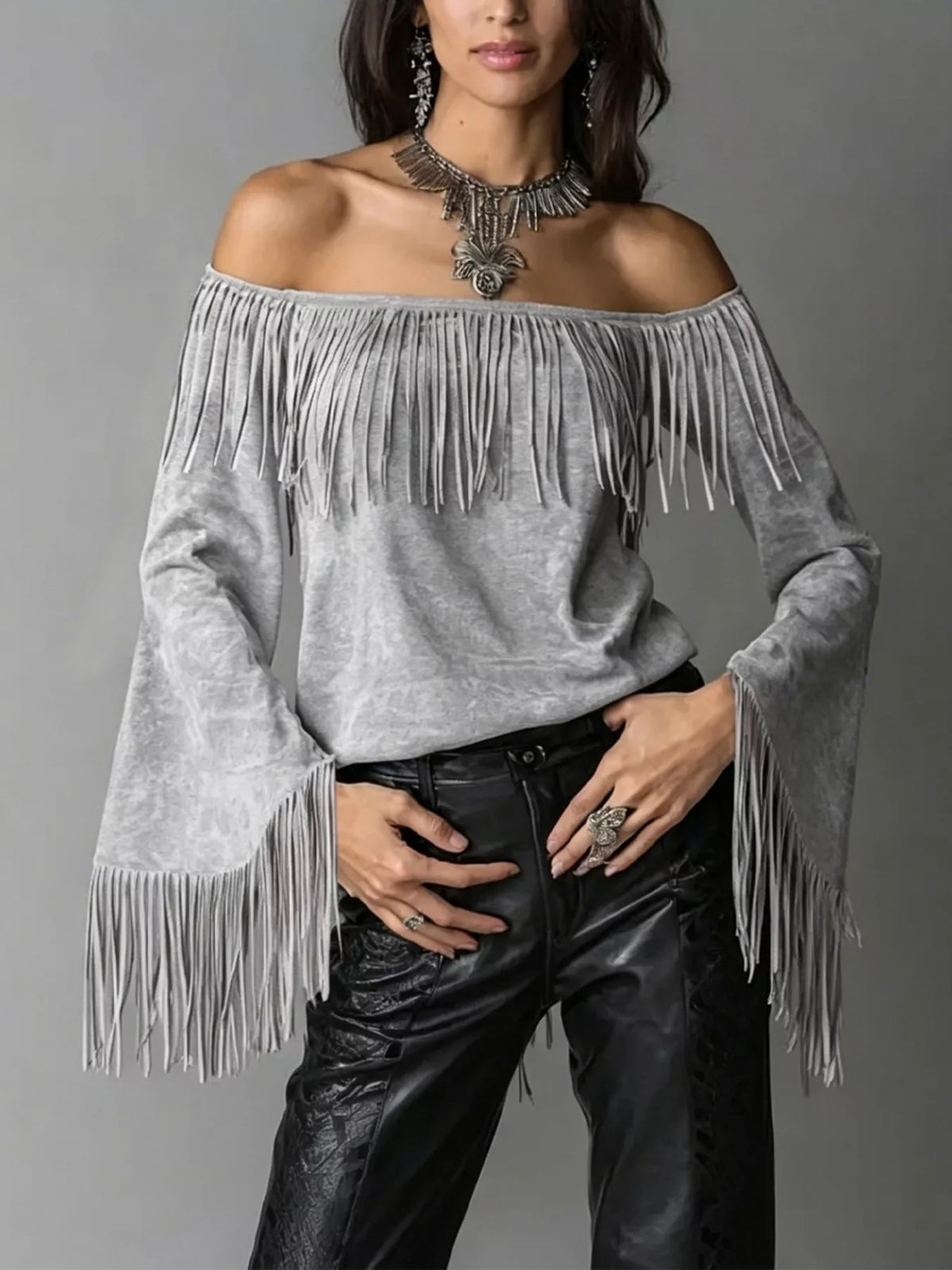 Full Size Fringed Off-Shoulder T-Shirt Plus Size - Lilixa.store