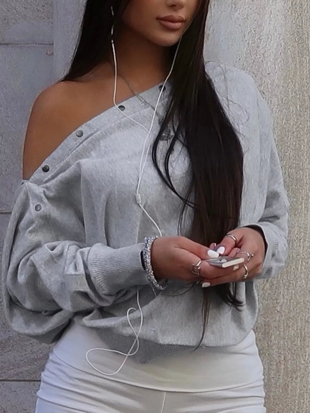 Studded Off Shoulder Long Sleeve T-Shirt in Light Gray