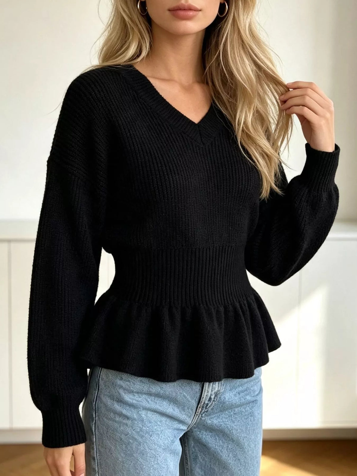 V-Neck Peplum Hem Ribbed Knit Top, view 10