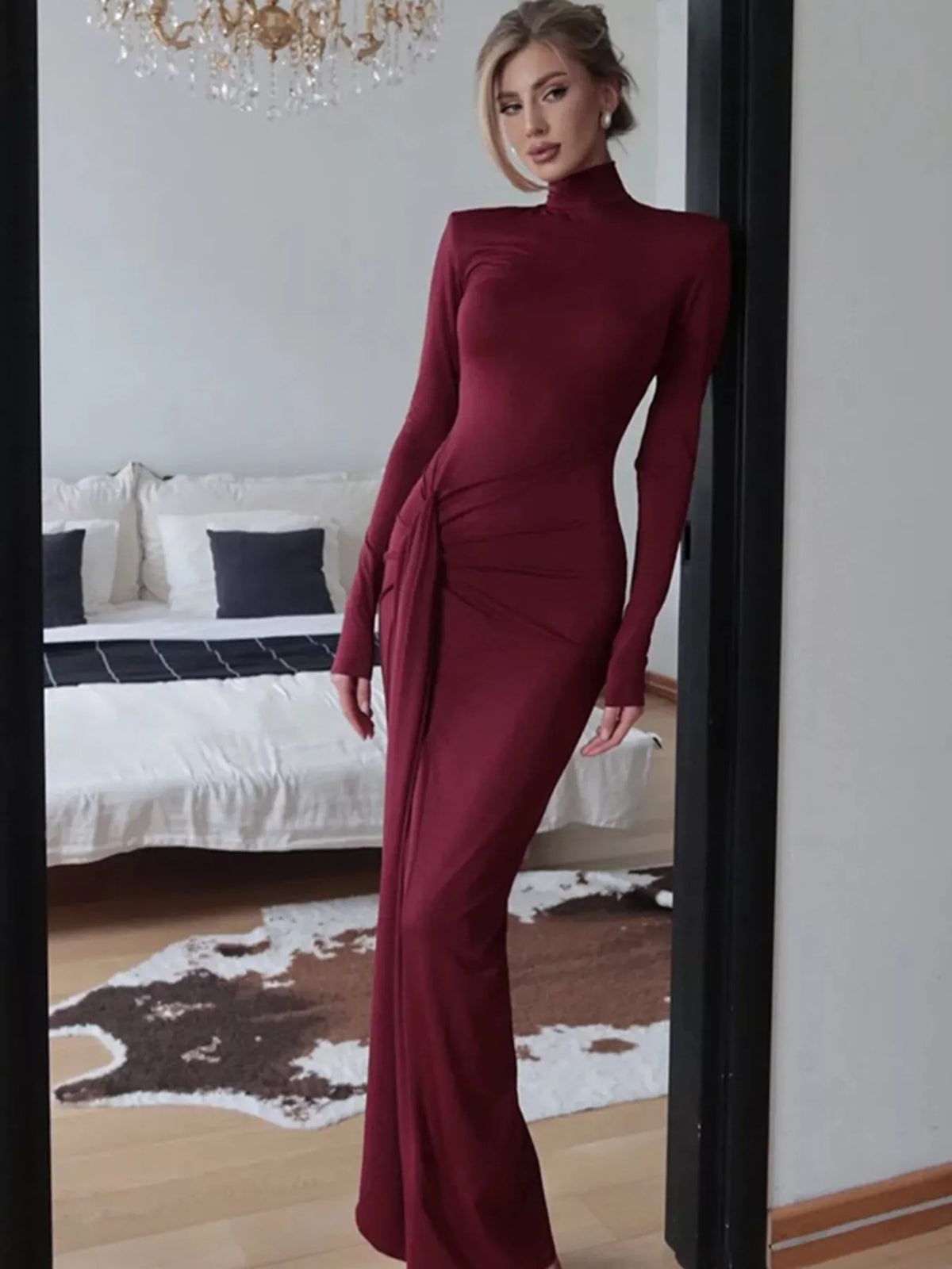 Turtleneck Long Sleeve Tie Waist Maxi Dress, view 9
