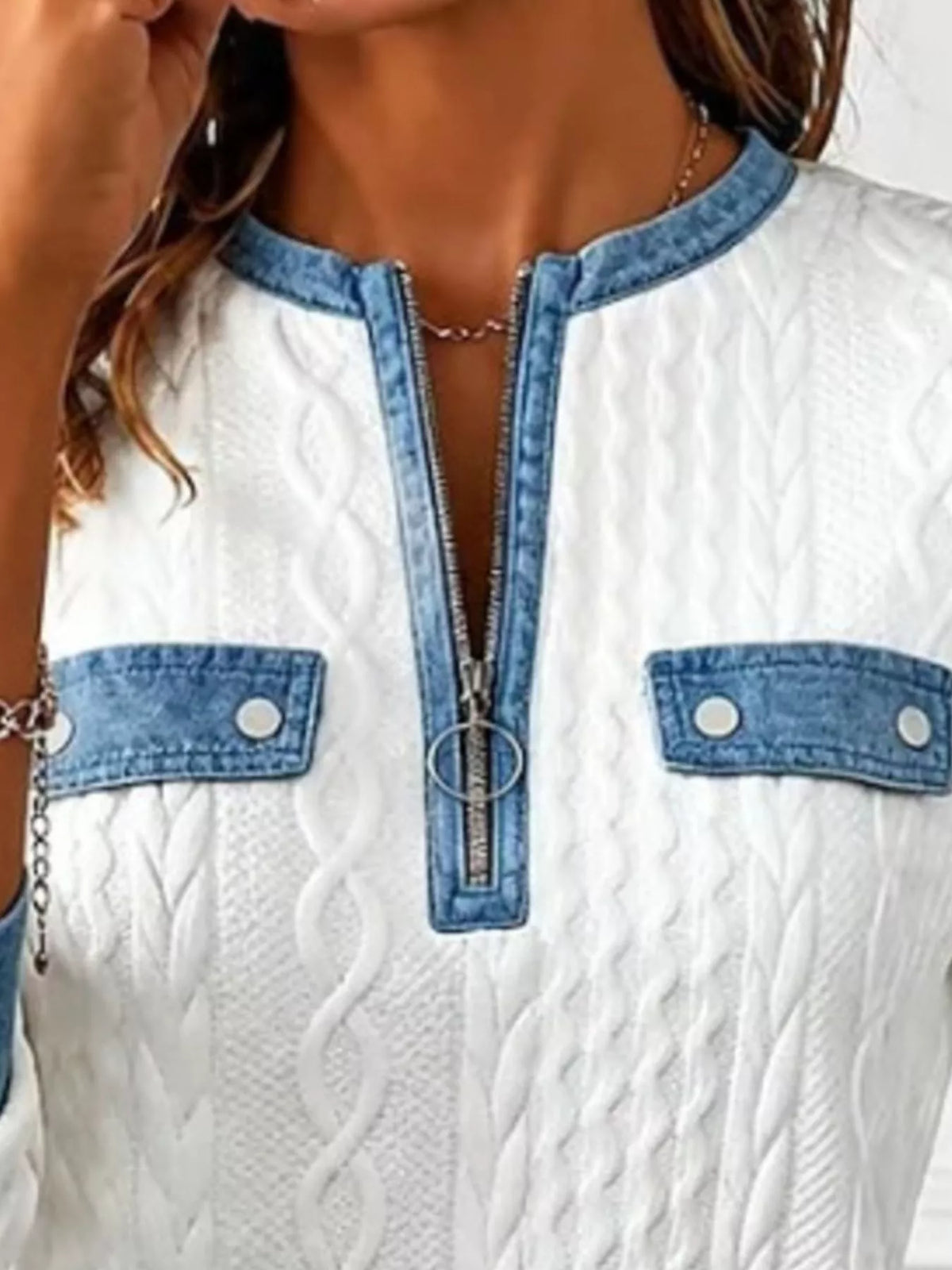 Full Size Denim Contrast Trim Quarter Zip Texture Sweatshirt Plus Size - Lilixa.store