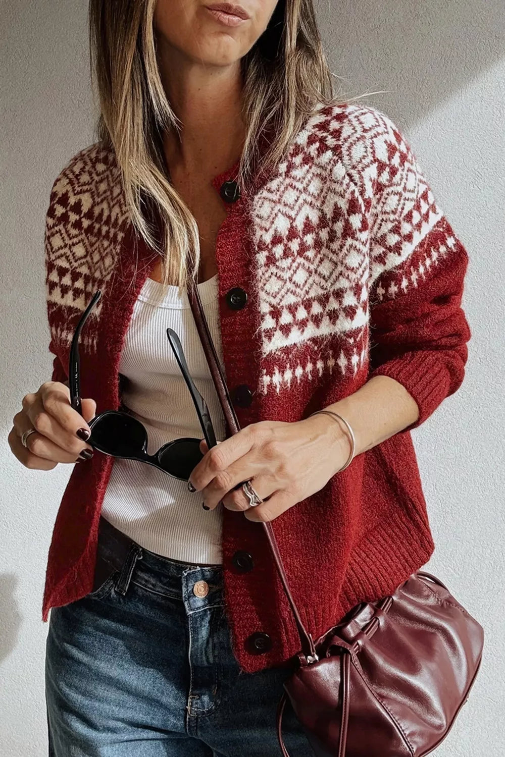 Geometric Print Button Front Long Sleeve Knitwear Cardigan - Lilixa.store