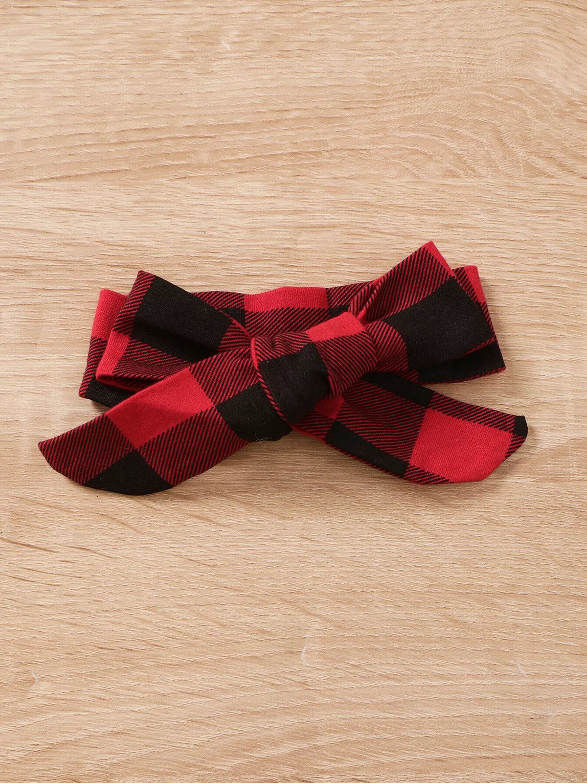 Children's Christmas Tree Graphic Top and Plaid Ruffle Pants Set with Headband in Red, view 7