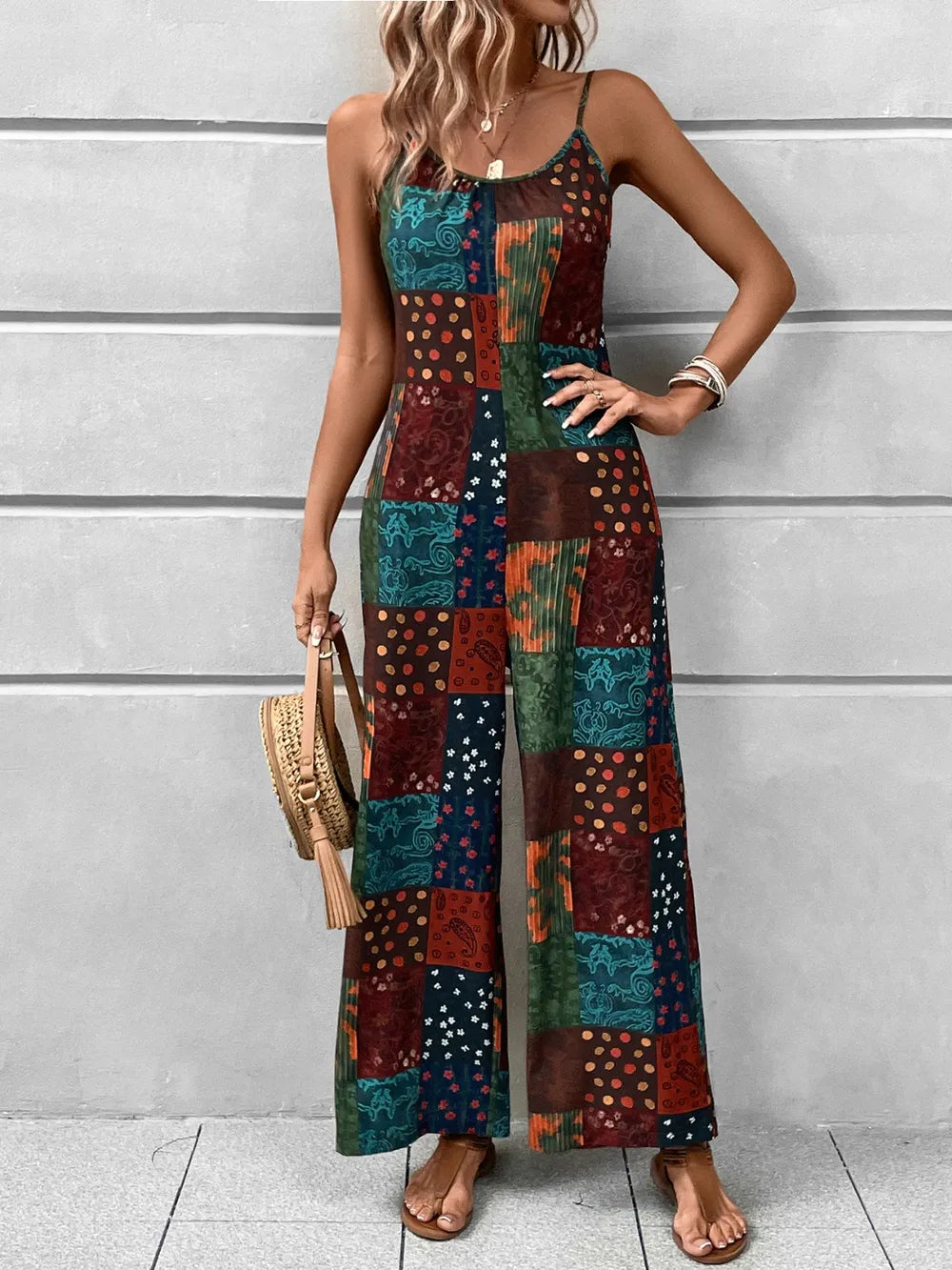Printed Scoop Neck Spaghetti Strap Jumpsuit - Lilixa.store