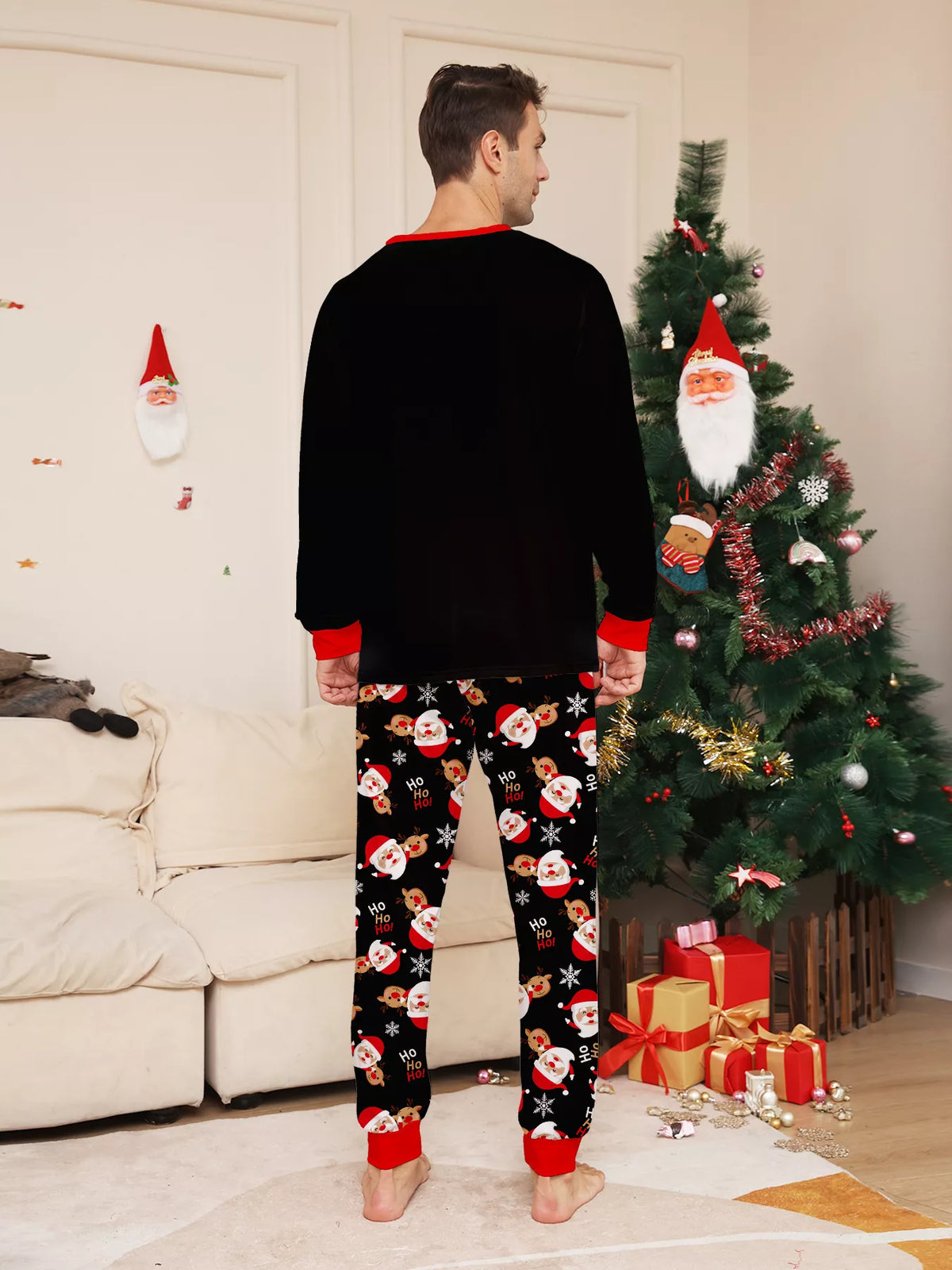 Full Size Matching Family Christmas Pajamas Set with Santa and Reindeer Print Plus Size
