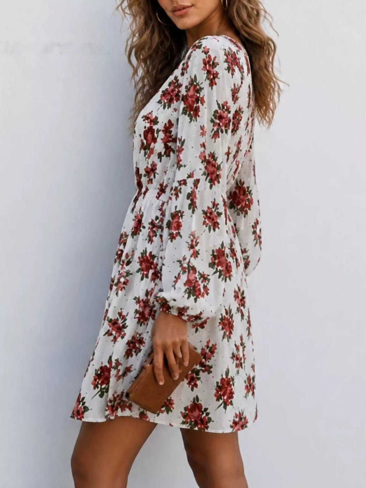 Floral Print V-Neck Long Sleeve Mini Dress - Lilixa.store