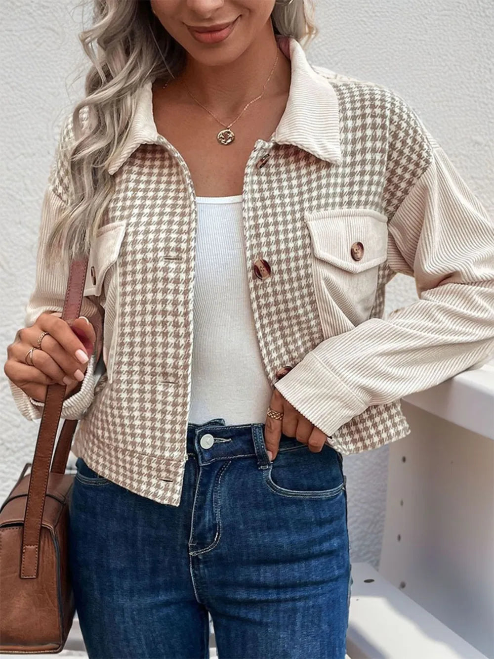 Perfee Pocketed Houndstooth Long Sleeve Jacket in Beige, view 4