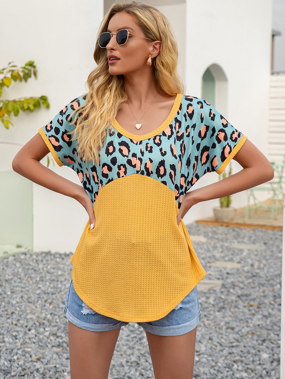 Ivy Lane Leopard Waffle-Knit Short Sleeve Top - Lilixa.store