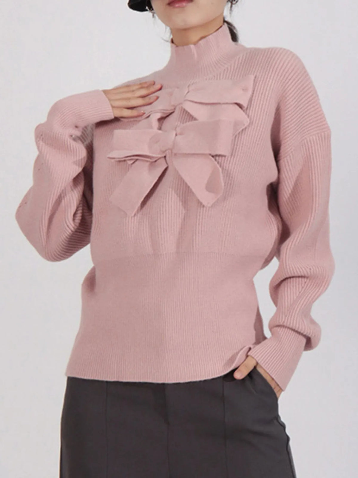 Bow Front Turtleneck Long Sleeve Sweater