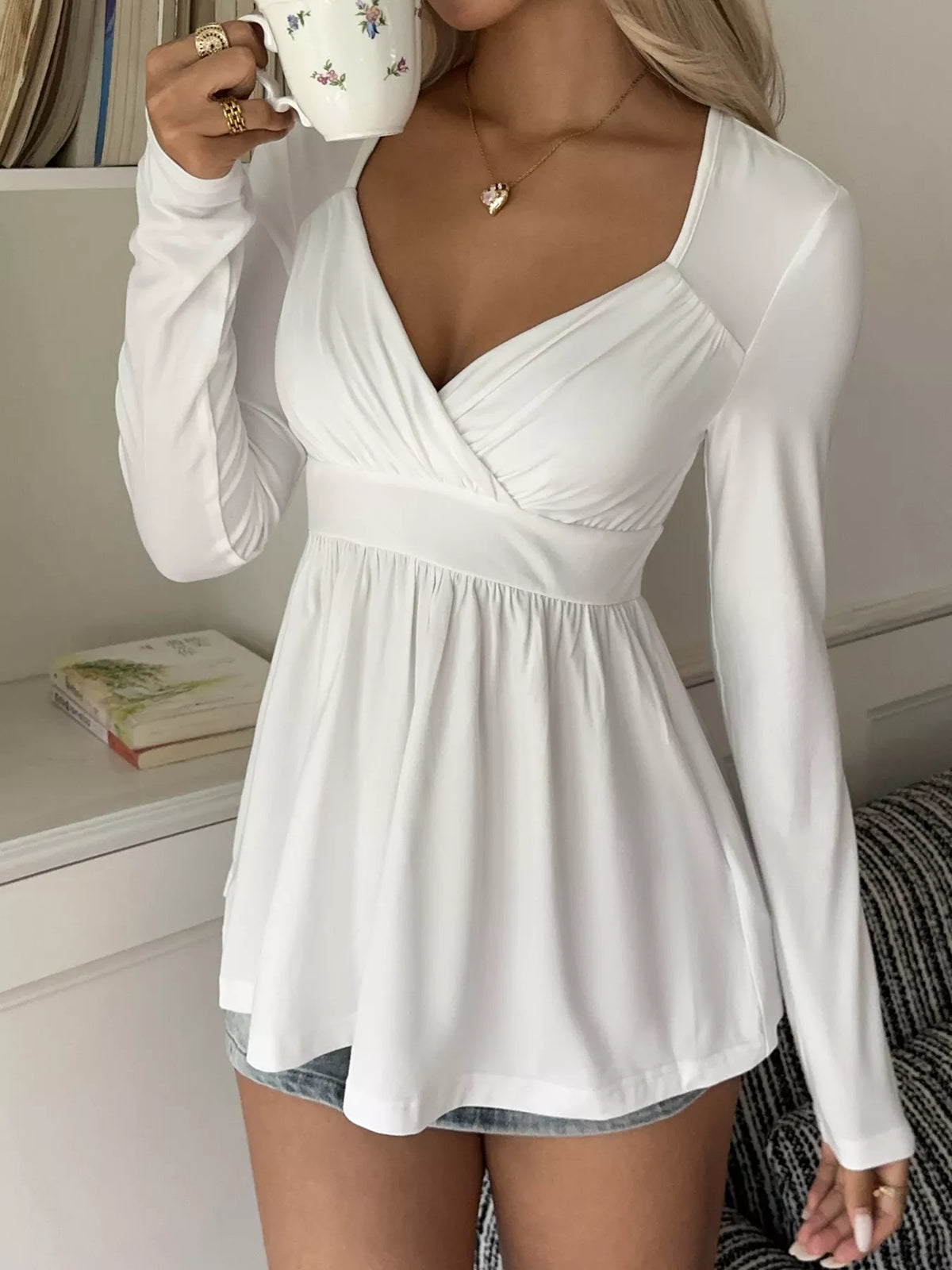 Surplice Peplum Long Sleeve Top - Lilixa.store
