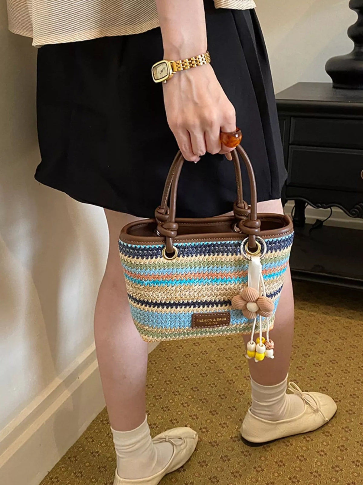 Striped Woven Handbag