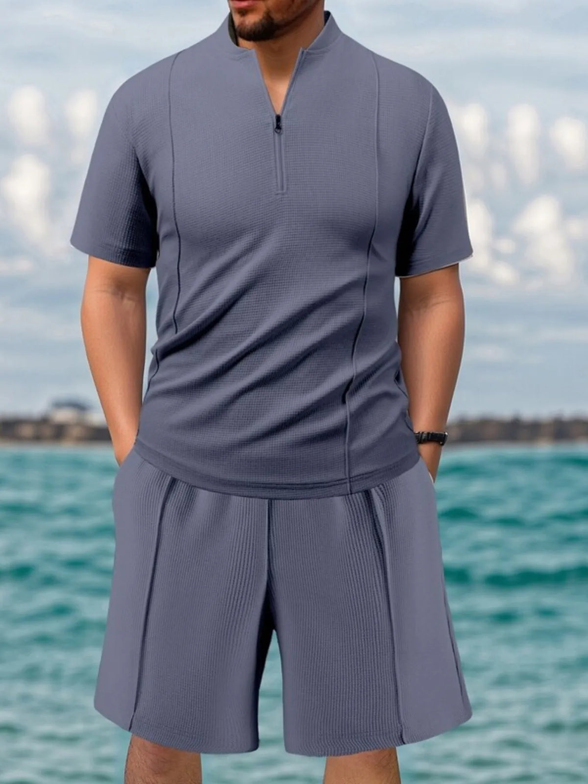 Men's Full Size Zip Front Short Sleeve Top and Shorts Set Plus Size in Grey