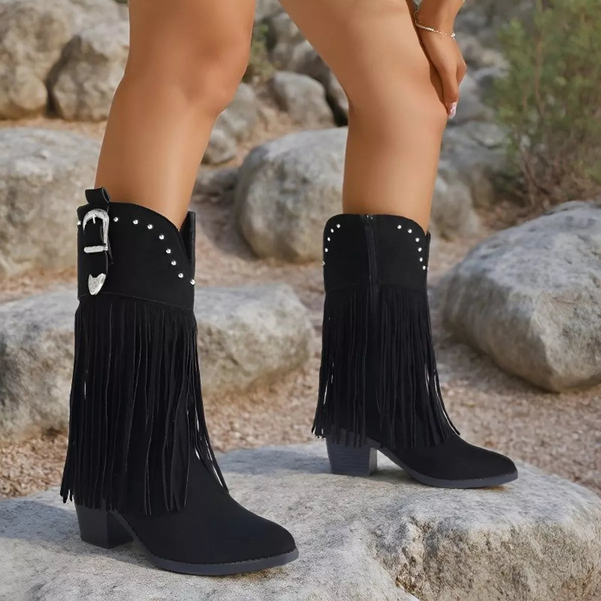 Fringe Round Toe Block Heels Boots - Lilixa.store