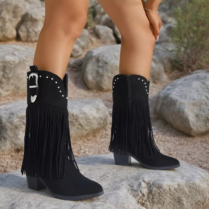 Fringe Round Toe Block Heels Boots - Lilixa.store