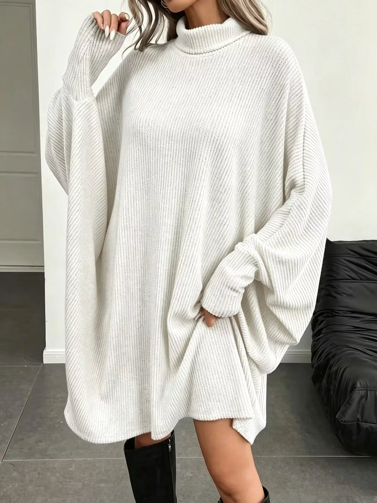 Oversized Batwing Sleeve Ribbed Knit Turtleneck Dress - Lilixa.store