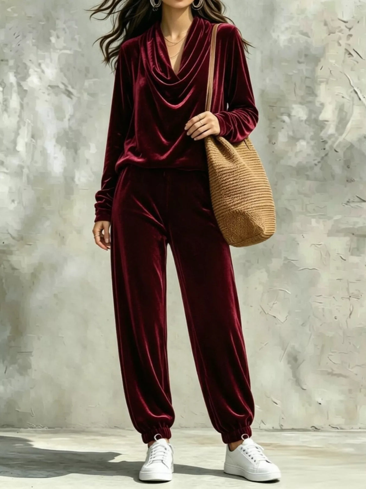 Full Size Velvet Cowl Neck Top and Pants Set Plus Size in Burgundy