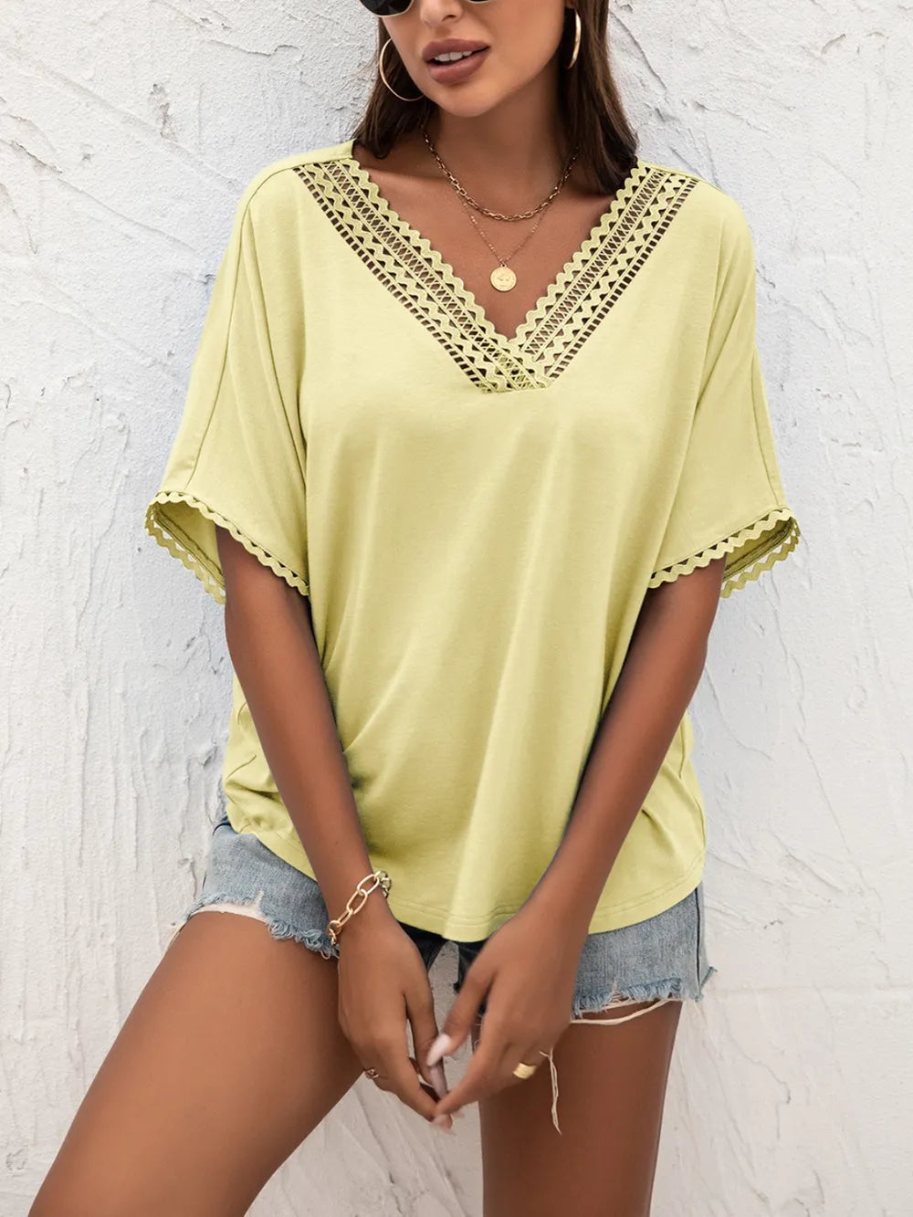 Ivy Lane Lace Detail V-Neck T-Shirt - Lilixa.store
