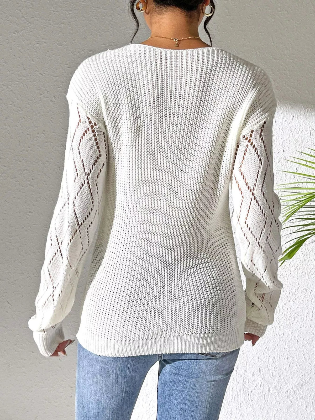 Floral Applique V-Neck Openwork Sweater