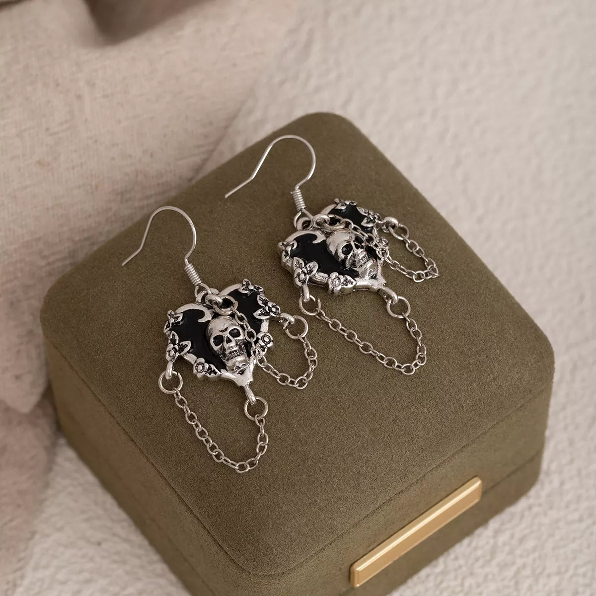 Halloween Alloy Heart Skull Earrings with Chain Detail - Lilixa.store