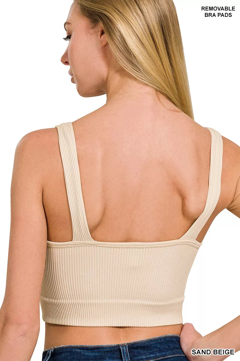 Zenana Seamless Ribbed Cropped Bra Padded V-Neck Tank - Lilixa.store