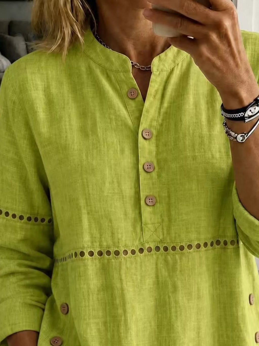 Full Size Button Detail Eyelet Long Sleeve Blouse Plus Size - Lilixa.store
