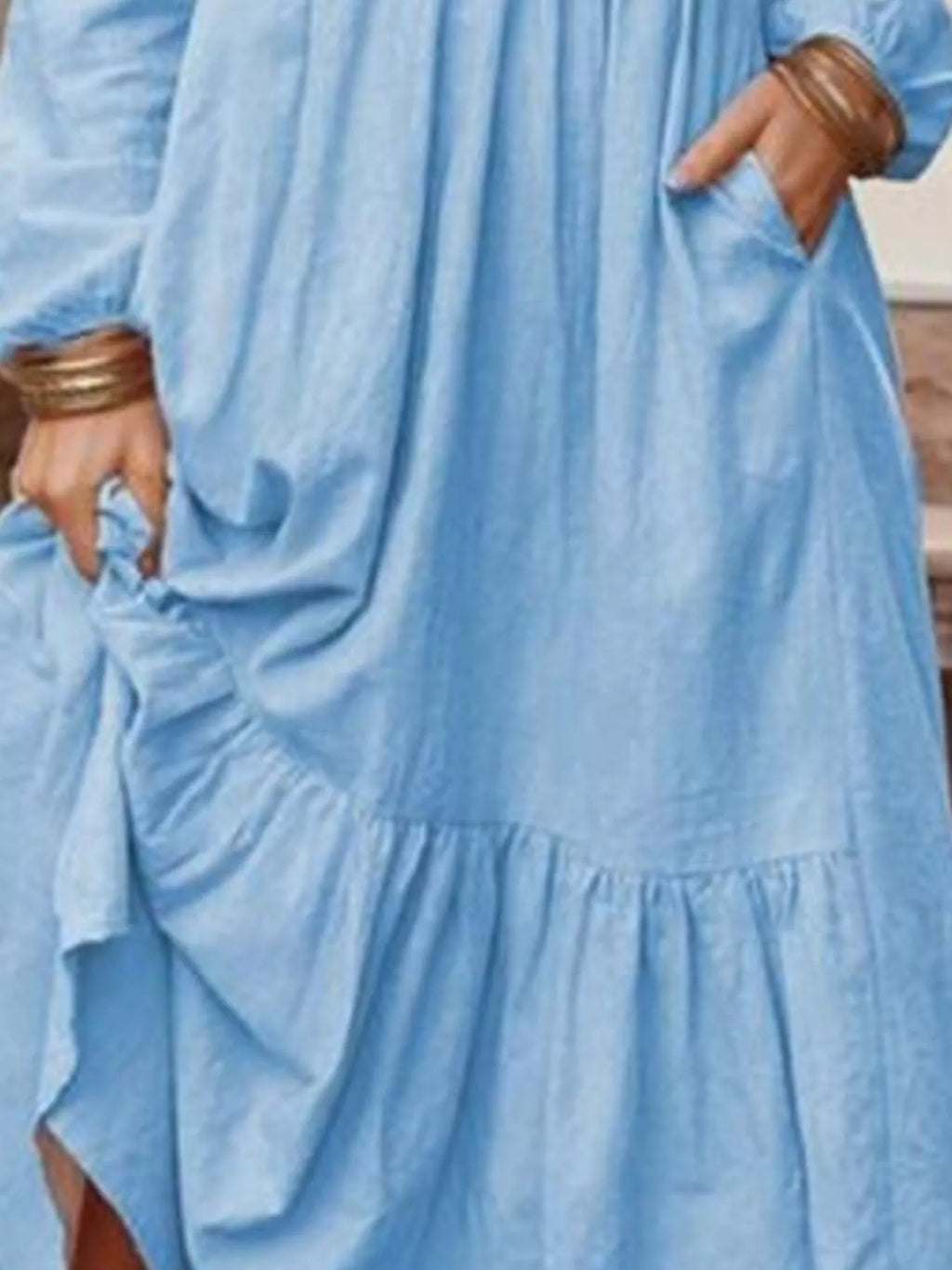 Full Size V-Neck Long Sleeve Tiered Maxi Dress with Pockets Plus Size - Lilixa.store