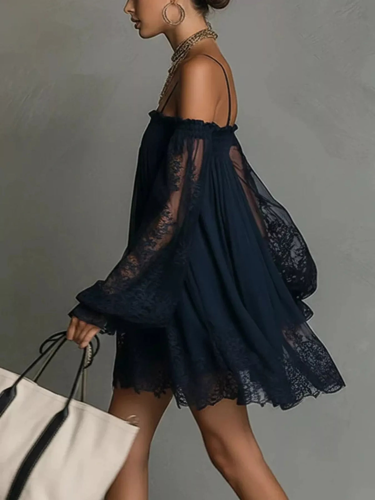 Spaghetti Strap Lace Flounce Sleeve Mini Dress - Lilixa.store