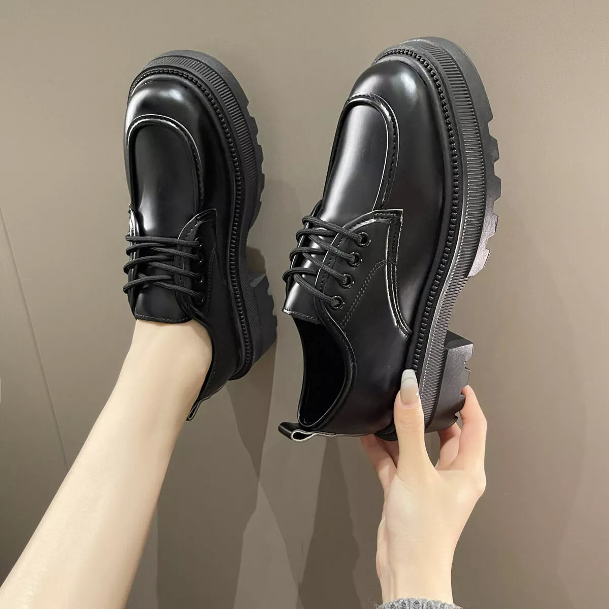 Chunky Platform Lace-Up Loafers with Glossy Finish in Black, view 5