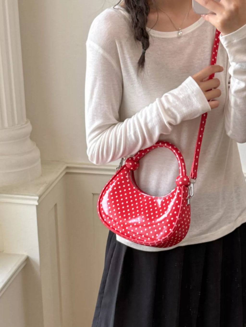 Polka Dot Crescent Crossbody Bag in Red, view 2
